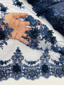 3D Floral Pearl Design - Navy Blue - Floral Embroidered Pearls and Sequins Fabric By Yard