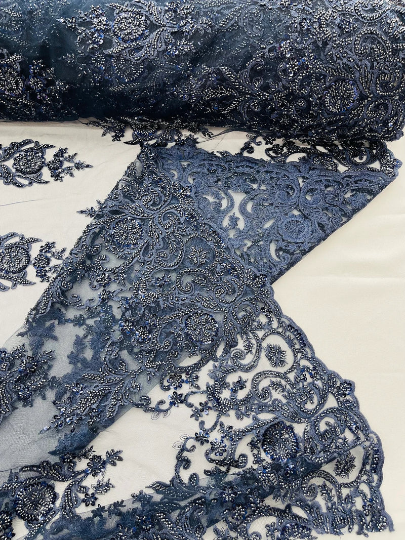 Floral Bead Embroidery Fabric - Navy Blue - Damask Floral Bead Bridal Lace Fabric by the yard