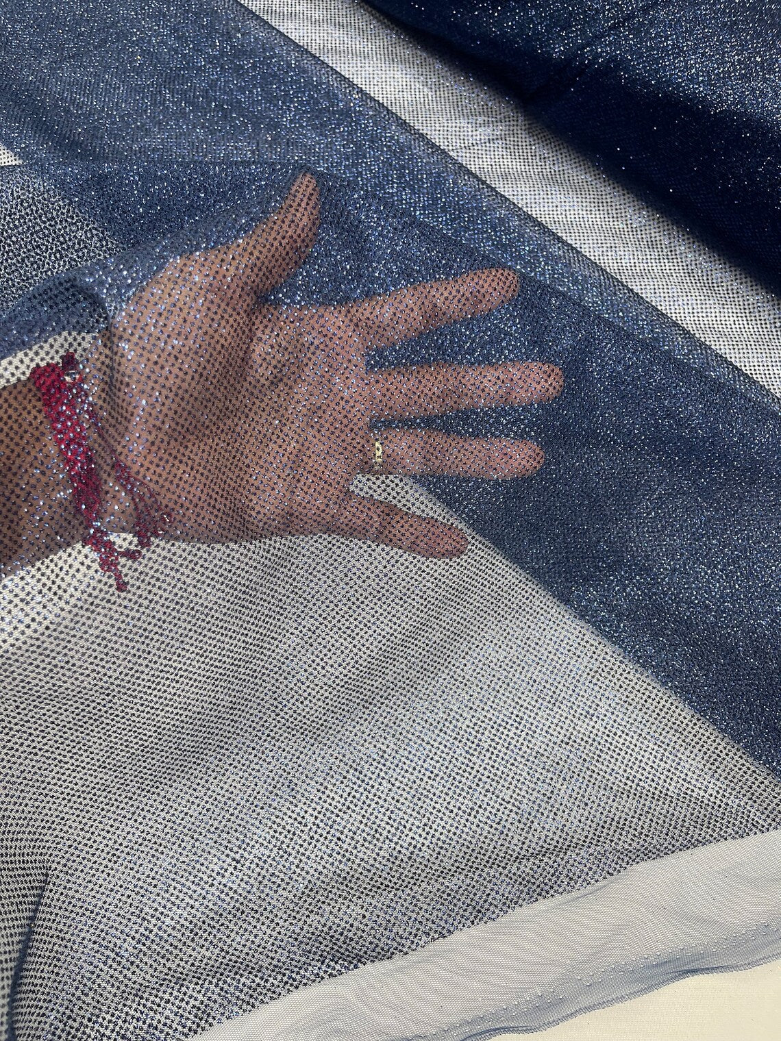 Shimmer Glitter Mesh Fabric - Navy Blue - Shiny Glitter Dots Design on Lace Mesh Sold By Yard