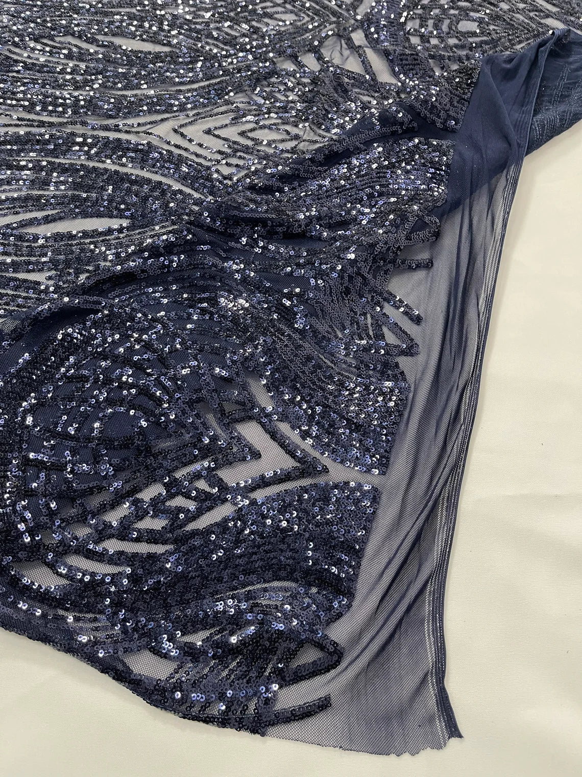 Long Wavy Pattern Sequins - Navy Blue - 4 Way Stretch Sequins Fabric Line Design By Yard