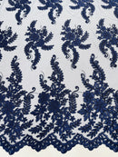 Long Leaf Designs Lace Fabric - Navy Blue - Embroidered Braid Leaf Pattern on Lace Mesh Fabric By Yard