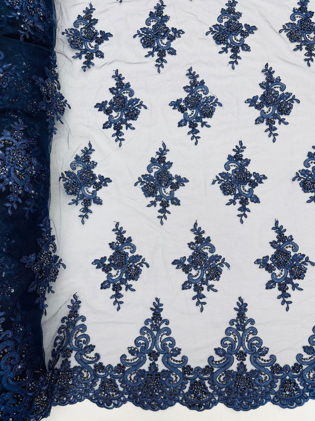 Beaded Floral Fabric - Navy Blue - Floral Cluster Design Fabric with Damask Border by Yard