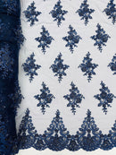 Beaded Floral Fabric - Navy Blue - Floral Cluster Design Fabric with Damask Border by Yard