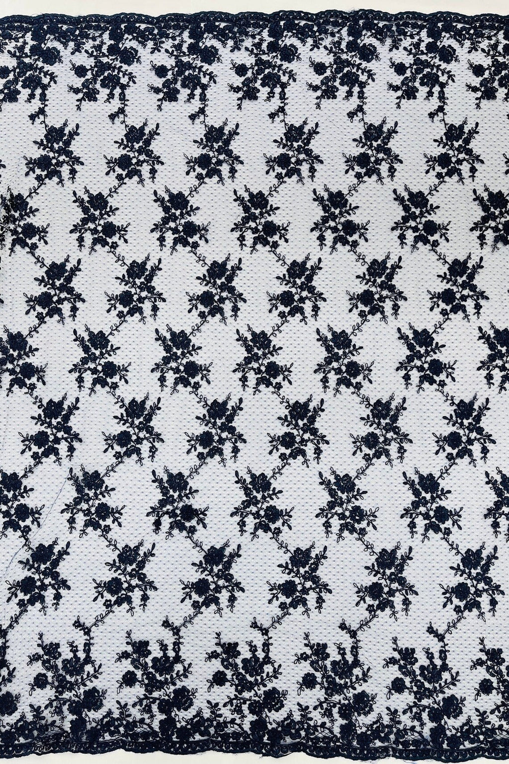 Embroidered Corded Lace Fabric - Navy Blue - Cluster Fancy Flower Embroidered Lace Fabric By Yard