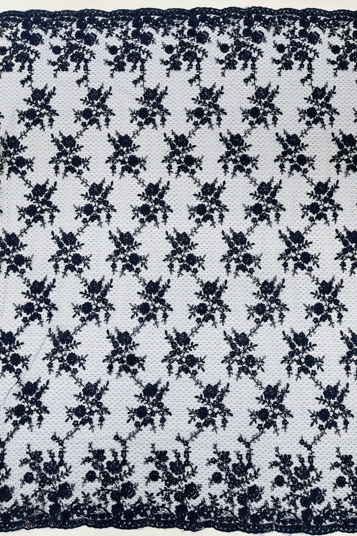 Embroidered Corded Lace Fabric - Navy Blue - Cluster Fancy Flower Embroidered Lace Fabric By Yard