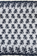 Embroidered Corded Lace Fabric - Navy Blue - Cluster Fancy Flower Embroidered Lace Fabric By Yard