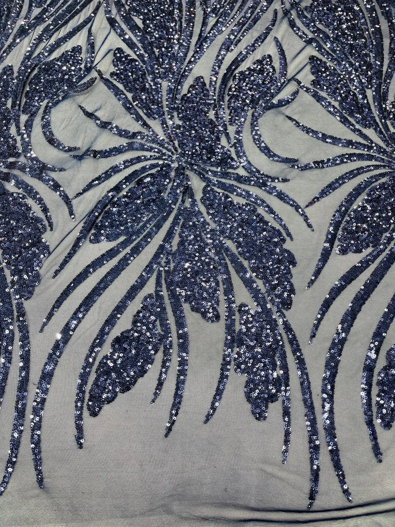 Wavy Leaf Sequins Fabric - Navy Blue - Wavy Lines and Leaves Design on Lace Mesh Fabric by Yard