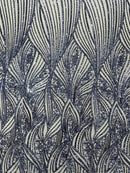 Curvy Line Design Fabric - Navy Blue - 4 Way Stretch Sequins Design Mesh Lace Fabric by Yard