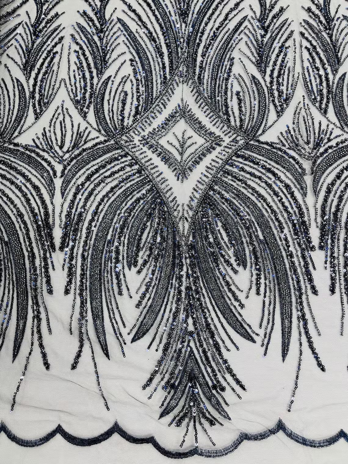 Beaded Lines Fabric - Navy Blue - Luxury Beads and Sequins Line Design Fabric By Yard