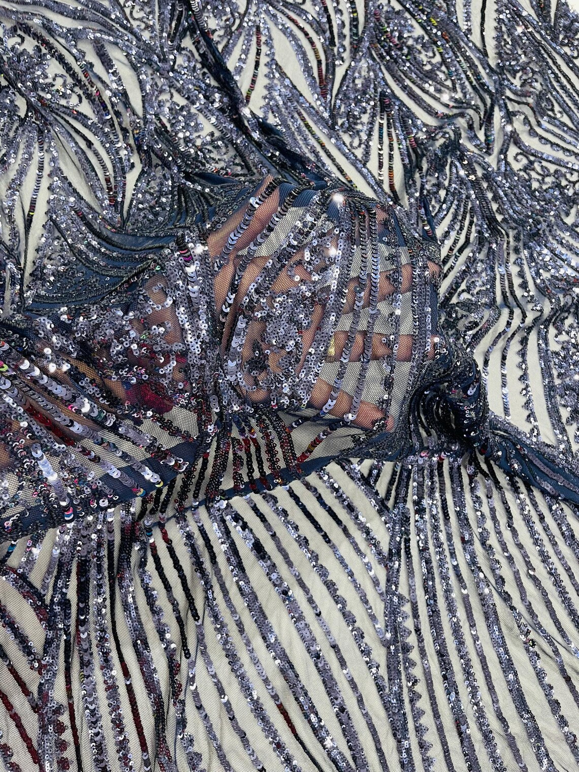 Curvy Line Design Fabric - Navy Blue - 4 Way Stretch Sequins Design Mesh Lace Fabric by Yard