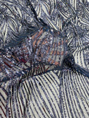 Curvy Line Design Fabric - Navy Blue - 4 Way Stretch Sequins Design Mesh Lace Fabric by Yard