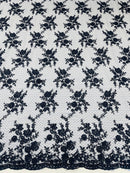 Embroidered Corded Lace Fabric - Navy Blue - Cluster Fancy Flower Embroidered Lace Fabric By Yard