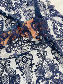 King Lace Pattern Fabric - Navy Blue - Embroidered Sequins on Lace Mesh Fabric By Yard