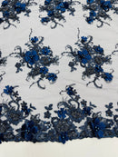 3D Flower Sequins Design - Navy Blue - Embroidered Pearl Sequins Floral Clusters Lace Fabric By Yard