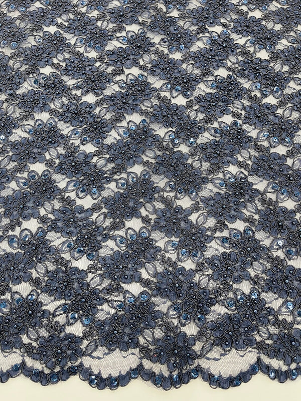 Floral Pearls and Sequins Fabric - Navy Blue - Beaded Fabric Embroidered Lace By The Yard