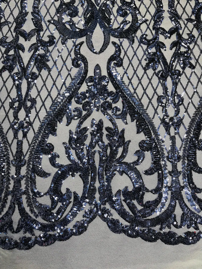 Heart Damask Sequins - Navy Blue - 4 Way Stretch Sequins Fabric By Yard