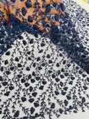 Shimmer Glitter Flower Fabric - Navy Blue - Small Glitter Flower Design on Lace Sold By Yard