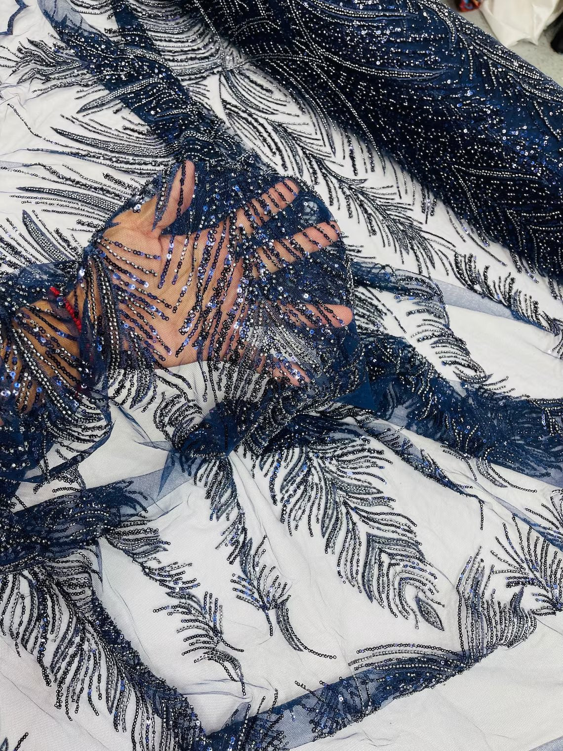 Beaded Lines Fabric - Navy Blue - Luxury Beads and Sequins Line Design Fabric By Yard
