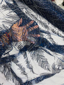 Beaded Lines Fabric - Navy Blue - Luxury Beads and Sequins Line Design Fabric By Yard