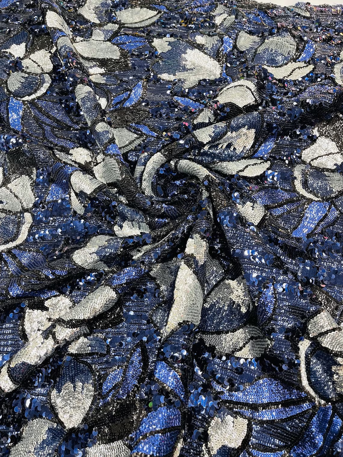 Orchid Design Sequins - Navy Blue - 4 Way Stretch Full Sequins Floral Design Mesh Fabric By Yard