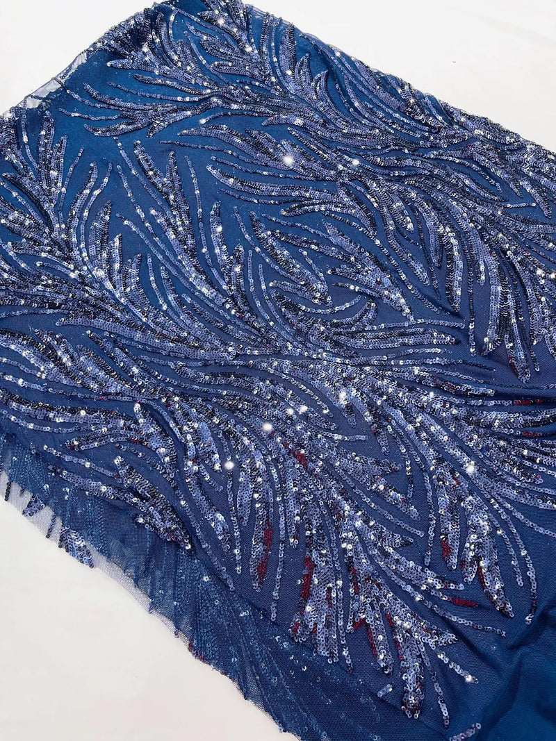 Leaf Design Stretch Sequins - Navy Blue - 4 Way Stretch Lace Mesh Sequins Fabric by Yard