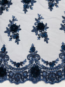 3D Floral Pearl Design - Navy Blue - Floral Embroidered Pearls and Sequins Fabric By Yard