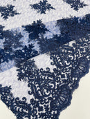 Damask Border Corded Lace - Navy Blue - Floral Cluster Design Damask Border on Lace Fabric Yard
