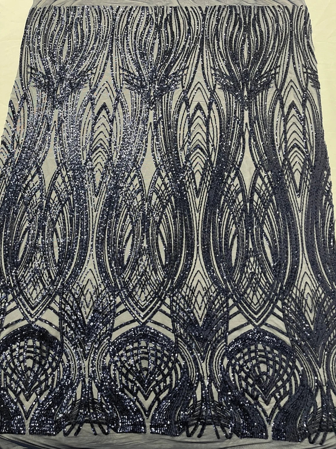 Long Wavy Pattern Sequins - Navy Blue - 4 Way Stretch Sequins Fabric Line Design By Yard