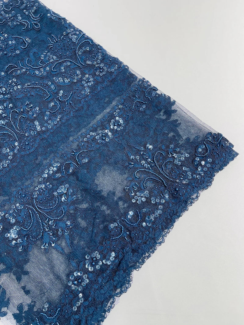 Beaded My Lady Damask Design - Navy Blue - Beaded Fancy Damask Embroidered Fabric By Yard