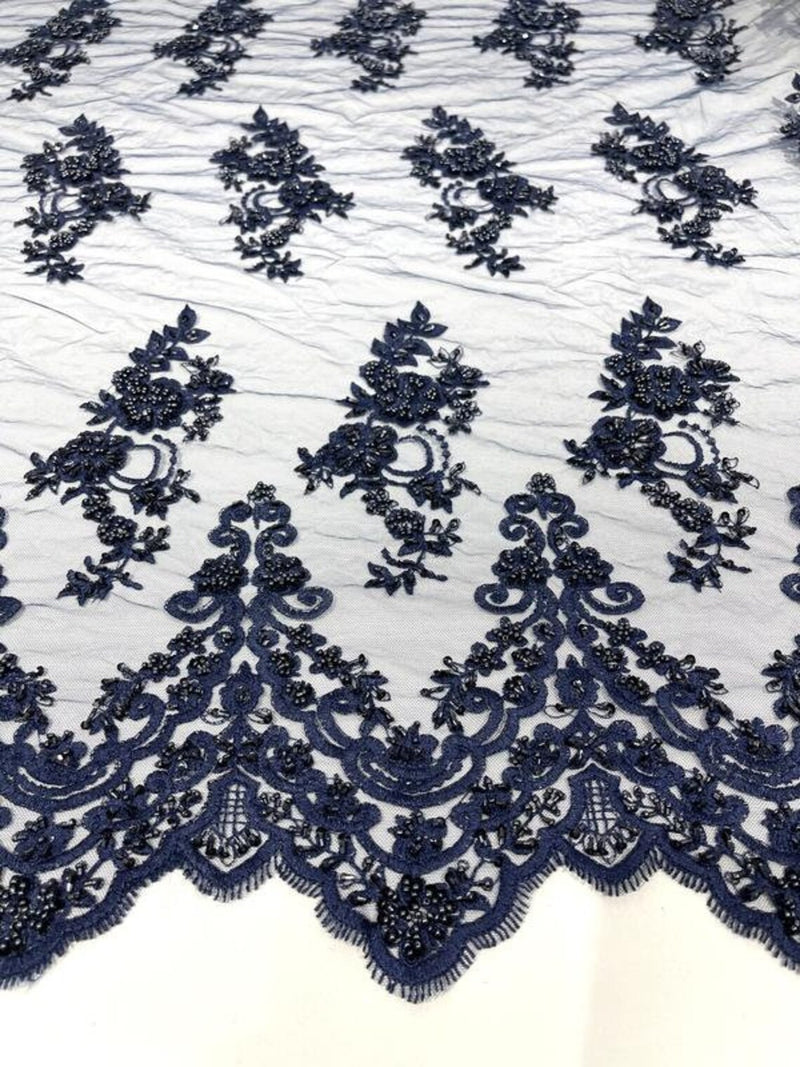 Beaded Floral Fabric - Navy Blue - Embroidered Flower Cluster Beaded Fabric Sold By Yard