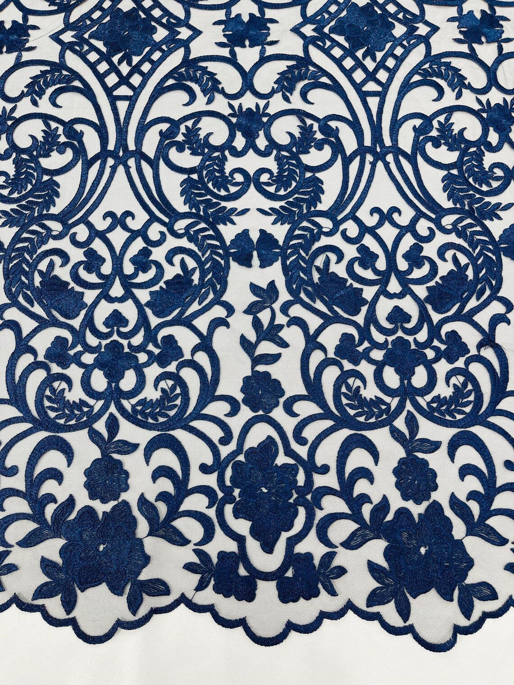 Fancy Damask Lace Fabric - Navy Blue - Embroidered Damask Design Mesh on Lace Fabric by Yard