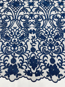 Fancy Damask Lace Fabric - Navy Blue - Embroidered Damask Design Mesh on Lace Fabric by Yard