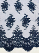 Floral Damask Lace Fabric - Navy Blue - Embroidered Damask Flowers on Lace Fabric By Yard