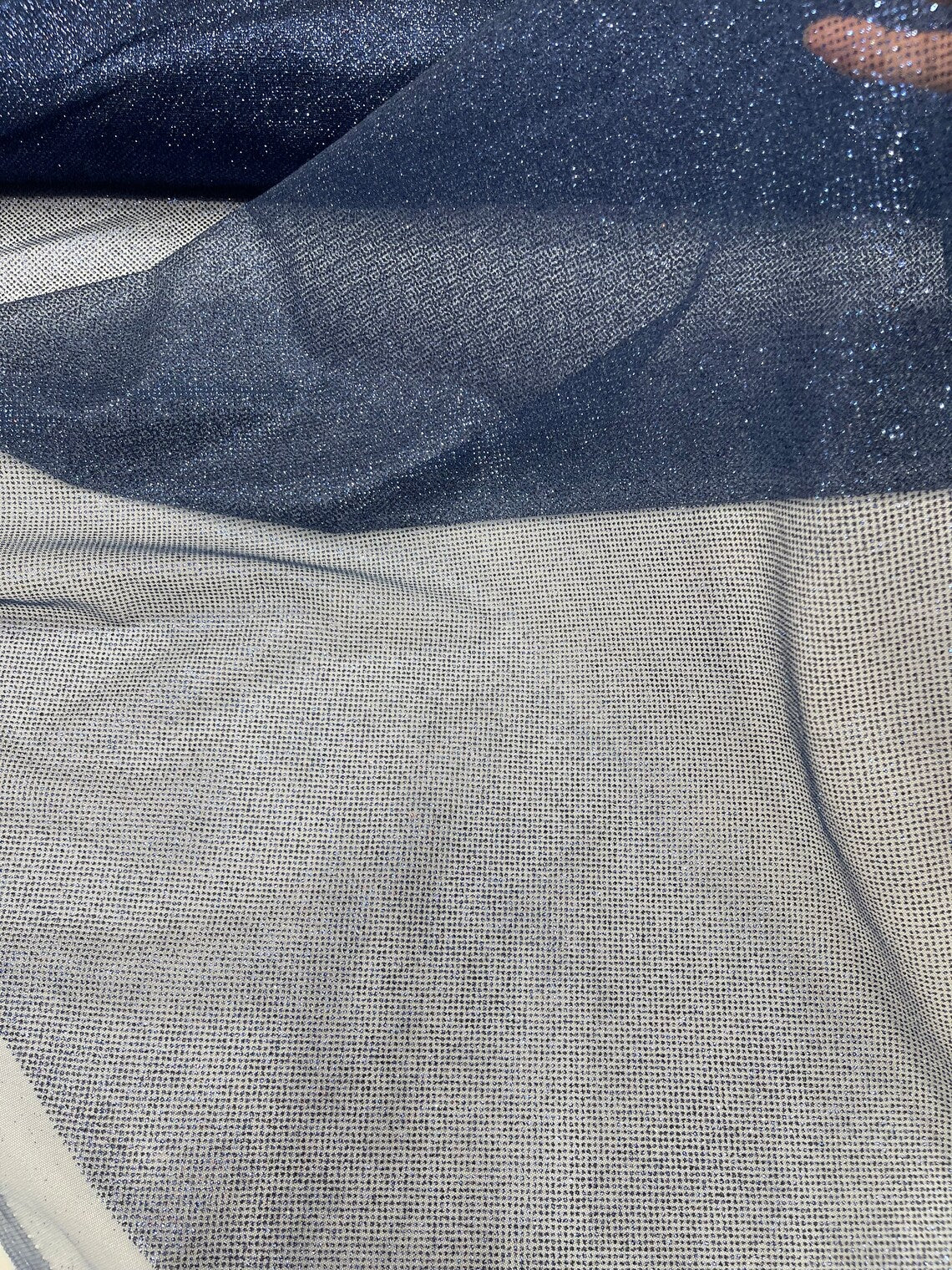 Shimmer Glitter Mesh Fabric - Navy Blue - Shiny Glitter Dots Design on Lace Mesh Sold By Yard