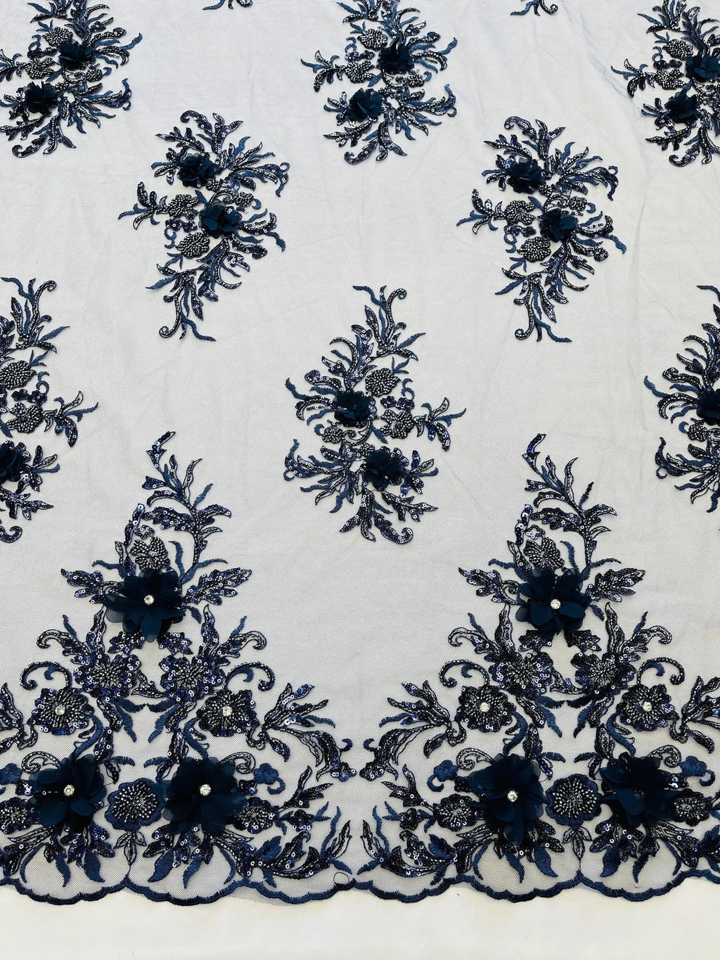 3D Floral Rhinestone Fabric - Navy Blue - Beaded Flower Clusters with Rhinestones and Sequins By Yard