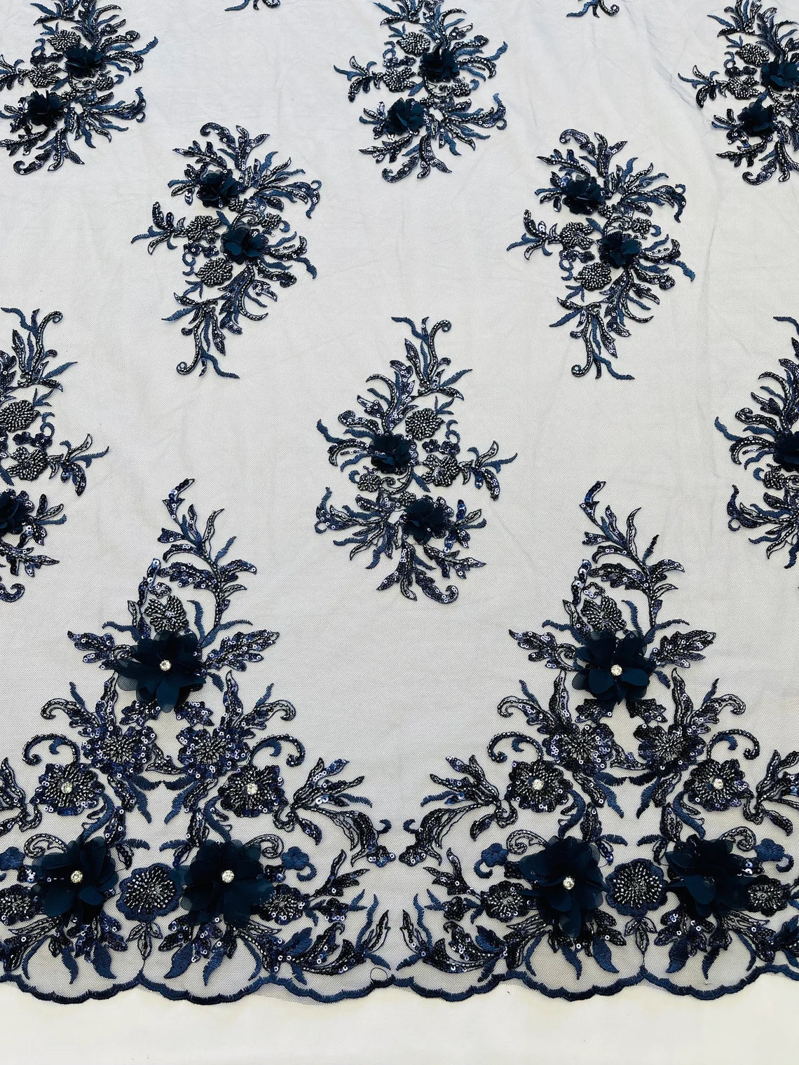 3D Floral Rhinestone Fabric - Navy Blue - Beaded Flower Clusters with Rhinestones and Sequins By Yard