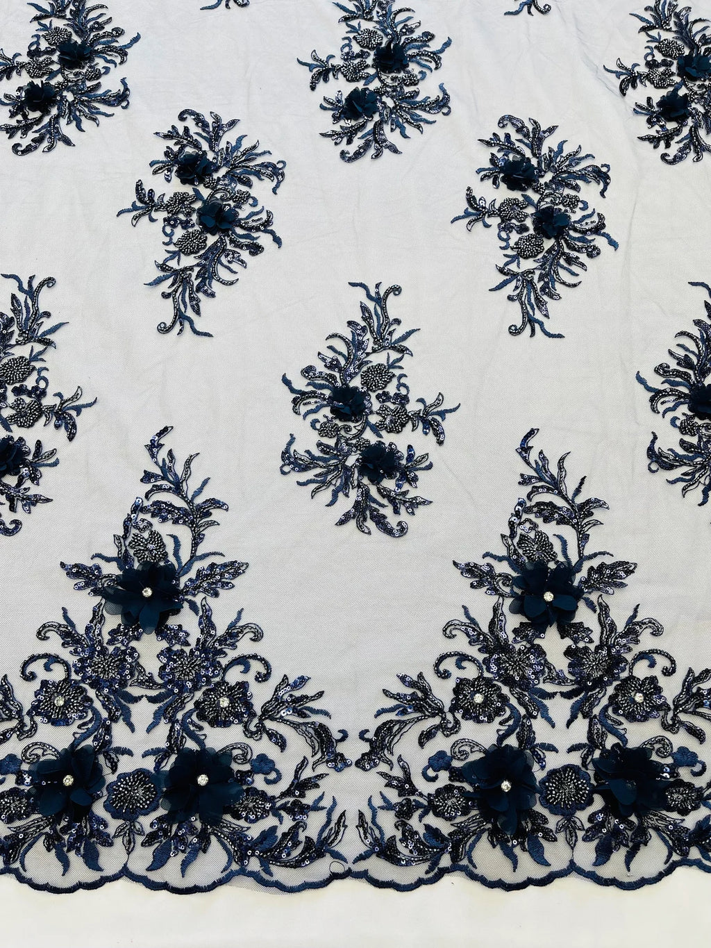 Navy blue rhinestones lace fabric #91974
