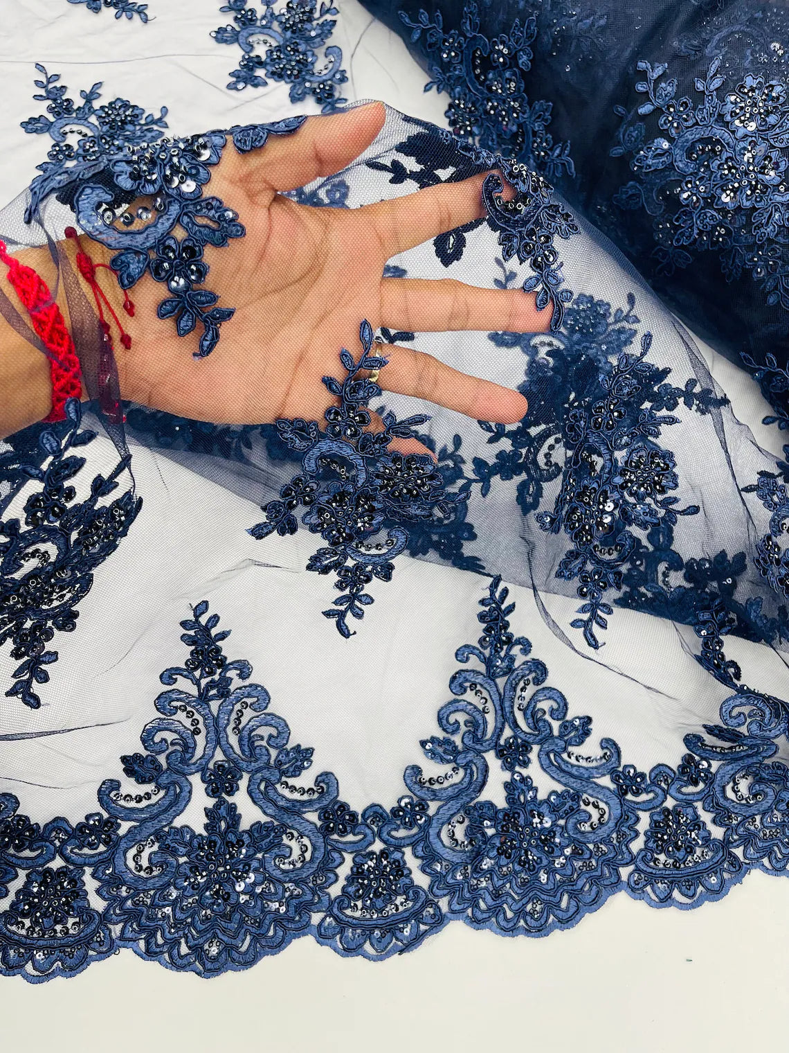 Beaded Floral Fabric - Navy Blue - Floral Cluster Design Fabric with Damask Border by Yard