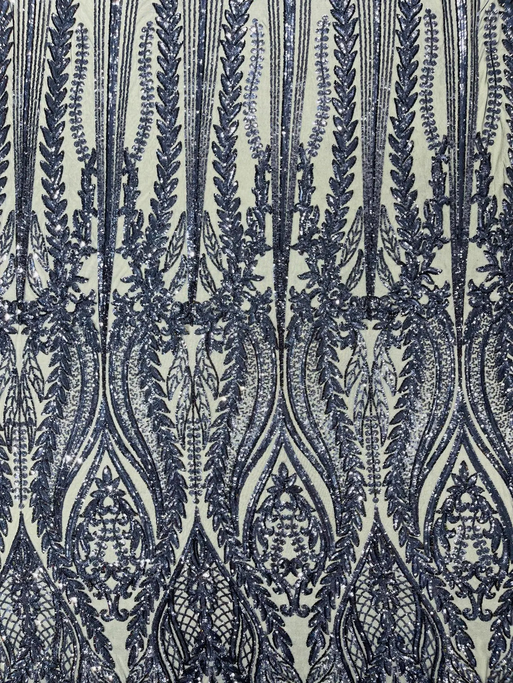 Mermaid Design Sequins Fabric - Navy Blue - Sequins Fabric 4 Way Stretch on Mesh By Yard