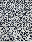 Shimmer Glitter Flower Fabric - Navy Blue - Small Glitter Flower Design on Lace Sold By Yard