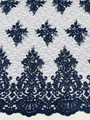 Damask Border Corded Lace - Navy Blue - Floral Cluster Design Damask Border on Lace Fabric Yard