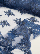 Beaded Floral Fabric - Navy Blue - Floral Cluster Design Fabric with Damask Border by Yard