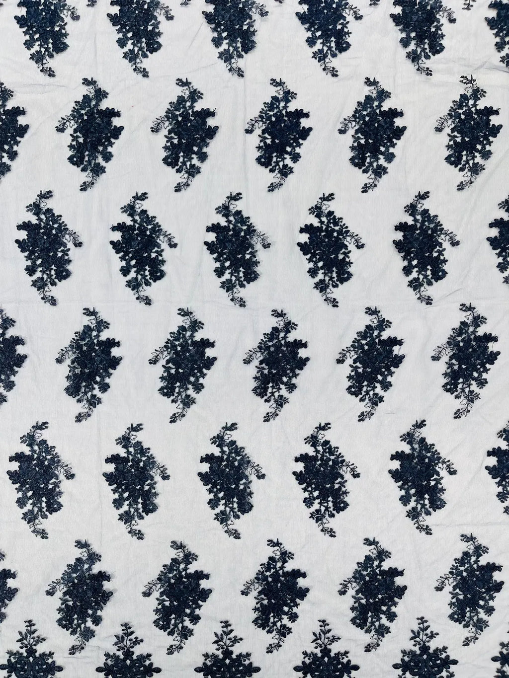 Floral Damask Lace Fabric - Navy Blue - Embroidered Damask Flowers on Lace Fabric By Yard