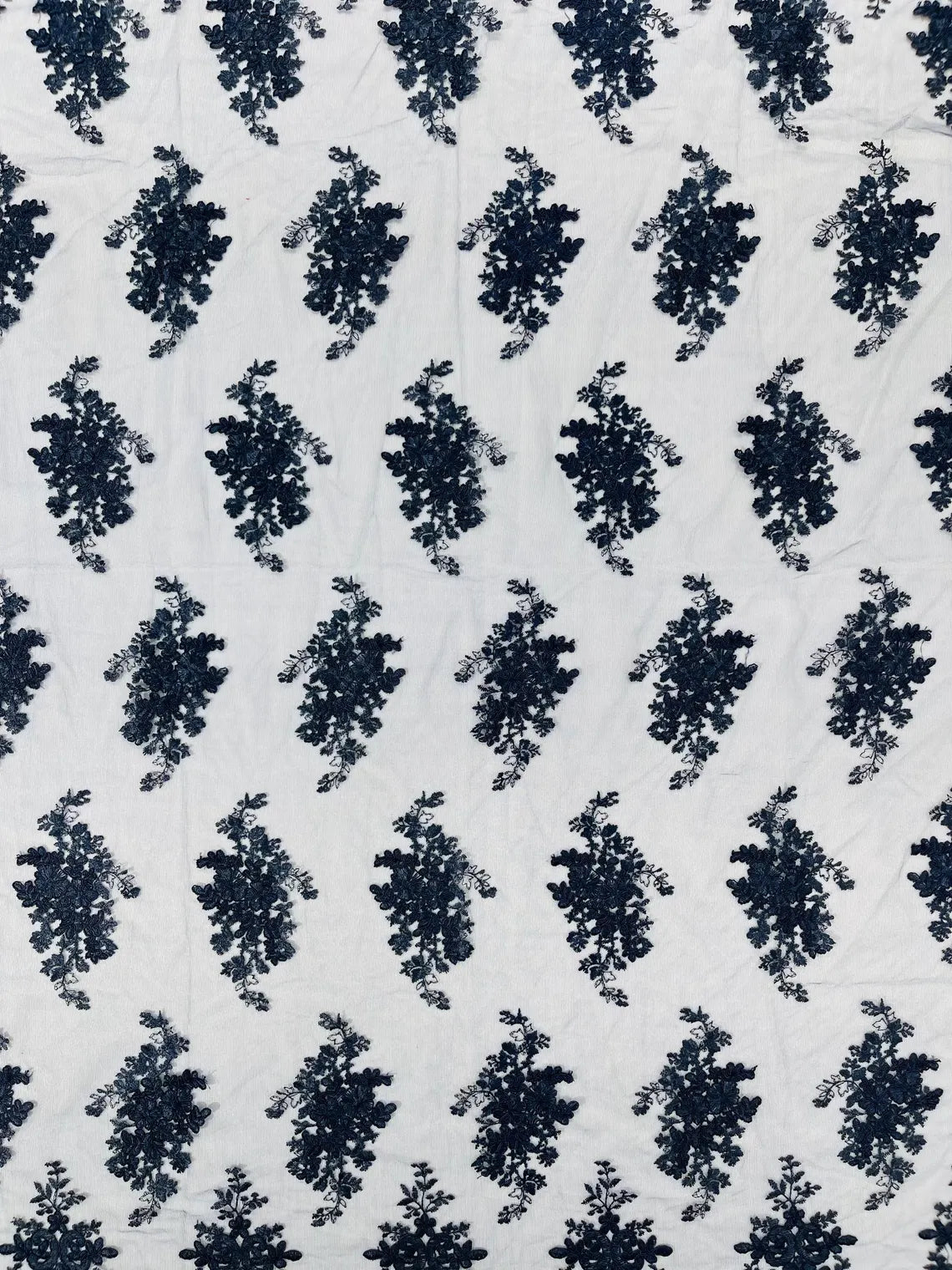 Floral Damask Lace Fabric - Navy Blue - Embroidered Damask Flowers on Lace Fabric By Yard