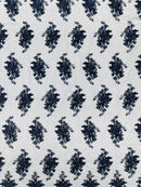 Floral Damask Lace Fabric - Navy Blue - Embroidered Damask Flowers on Lace Fabric By Yard