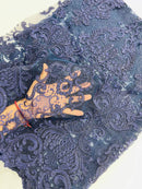 King Lace Pattern Fabric - Navy Blue - Embroidered Sequins on Lace Mesh Fabric By Yard