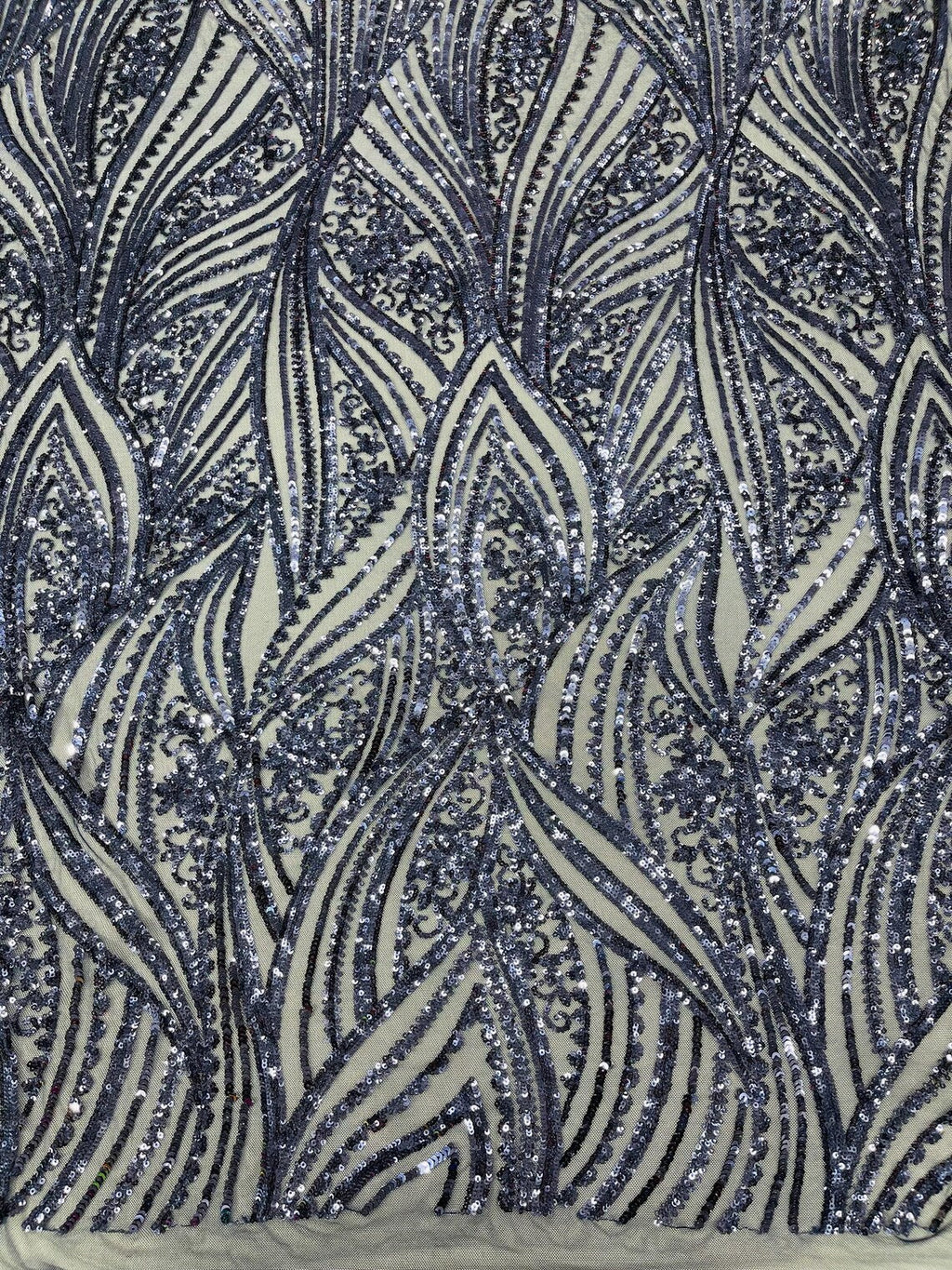 Curvy Line Design Fabric - Navy Blue - 4 Way Stretch Sequins Design Mesh Lace Fabric by Yard