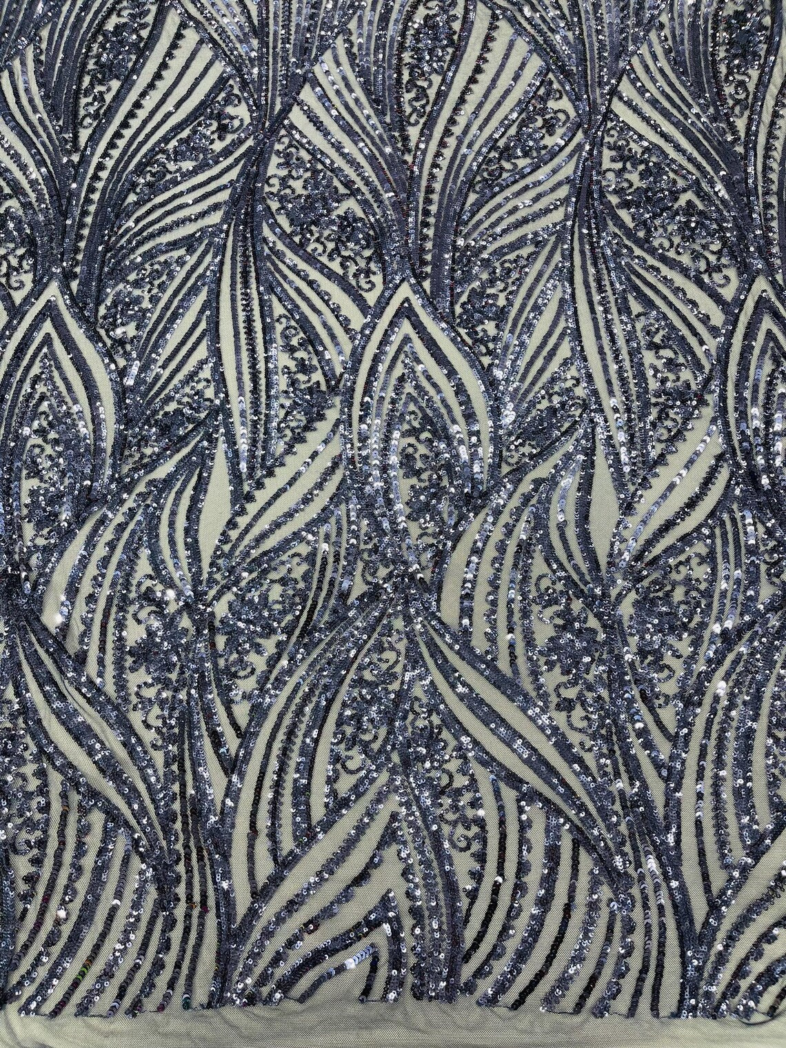 Curvy Line Design Fabric - Navy Blue - 4 Way Stretch Sequins Design Mesh Lace Fabric by Yard