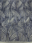 Curvy Line Design Fabric - Navy Blue - 4 Way Stretch Sequins Design Mesh Lace Fabric by Yard