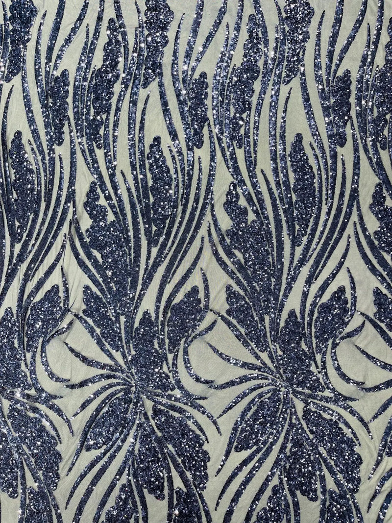 Wavy Leaf Sequins Fabric - Navy Blue - Wavy Lines and Leaves Design on Lace Mesh Fabric by Yard